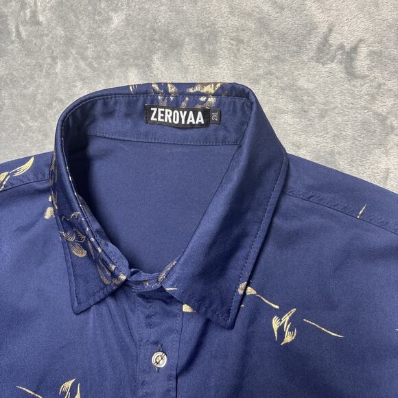 ZEROYAA Mens XXL Floral Rose Blue Gold Button Up Dress Shirt Short Sleeve - Picture 3 of 7